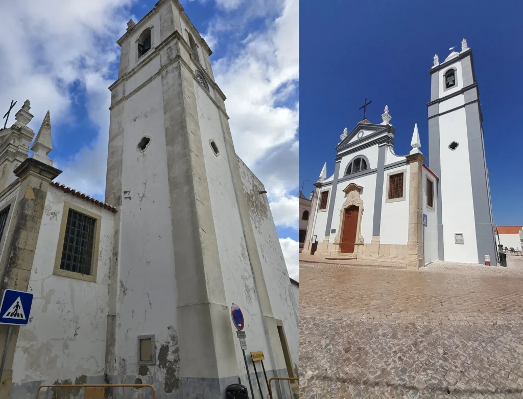 Comparação de fotografias da Igreja Paroquial de Alcantarilha, em Silves. À esquerda, detalhe da torre sineira com pintura desgastada e sinais de infiltrações. À direita, a fachada principal e a torre totalmente recuperadas, com pintura nova em branco e cinza, destacando os elementos barrocos e o céu azul.